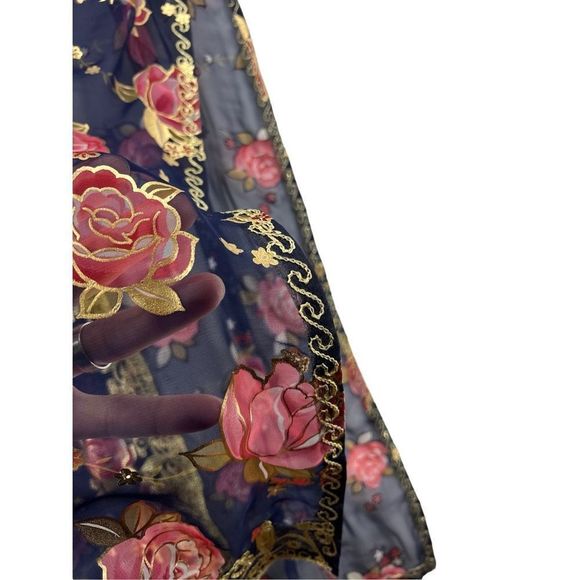 2 Piece Indian Outfit Sheer Robe & Dress Blue and Gold Floral Embroidery Tunic - Picture 6 of 14